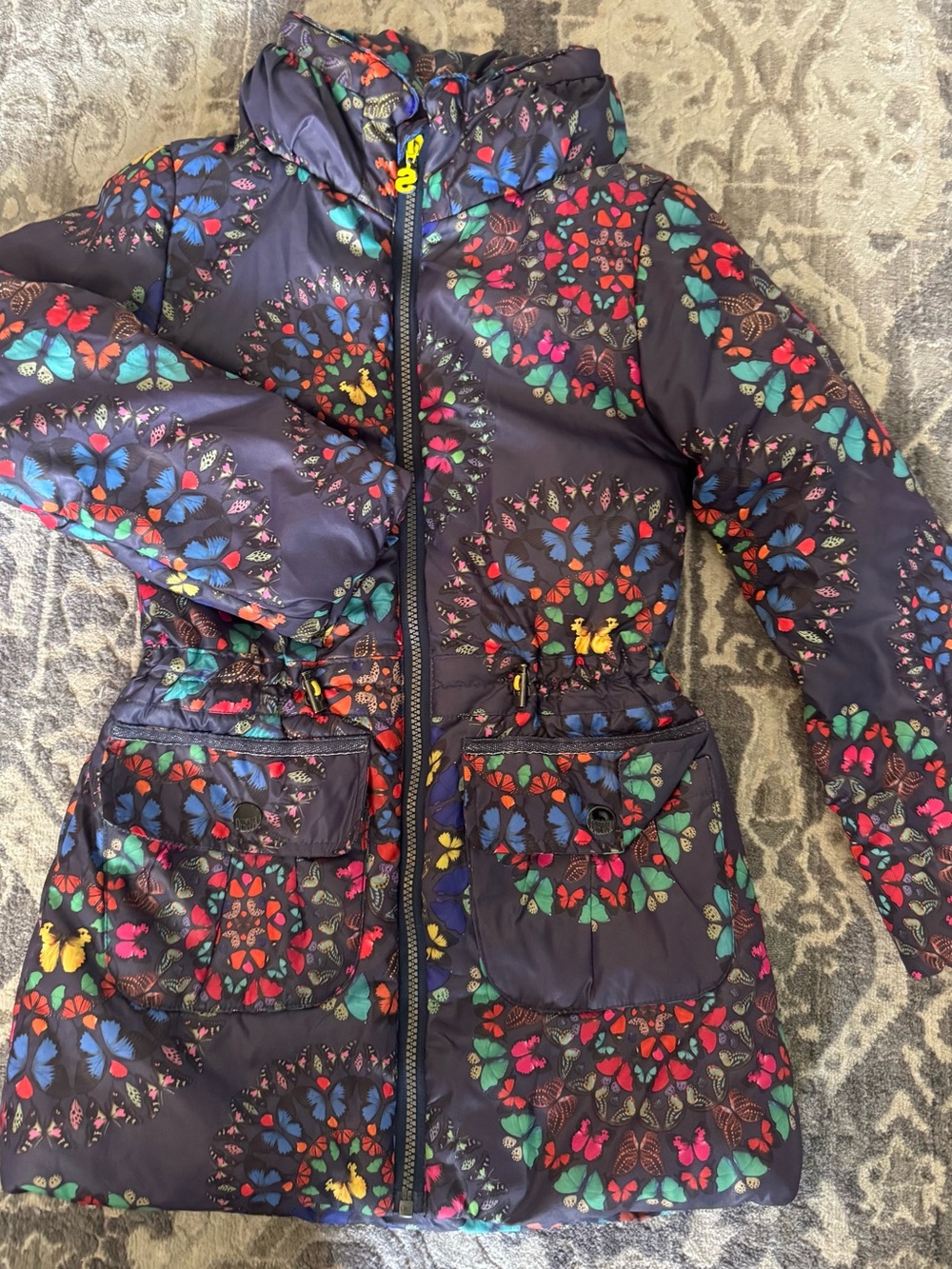 Desigual Navy Multicolor Butterfly Puffer Coat
